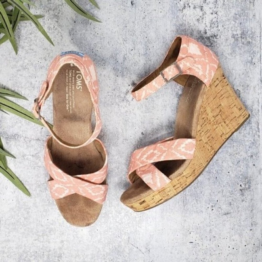 Toms Sienna Coral Aztec Cork Wedge Sandals Size 9